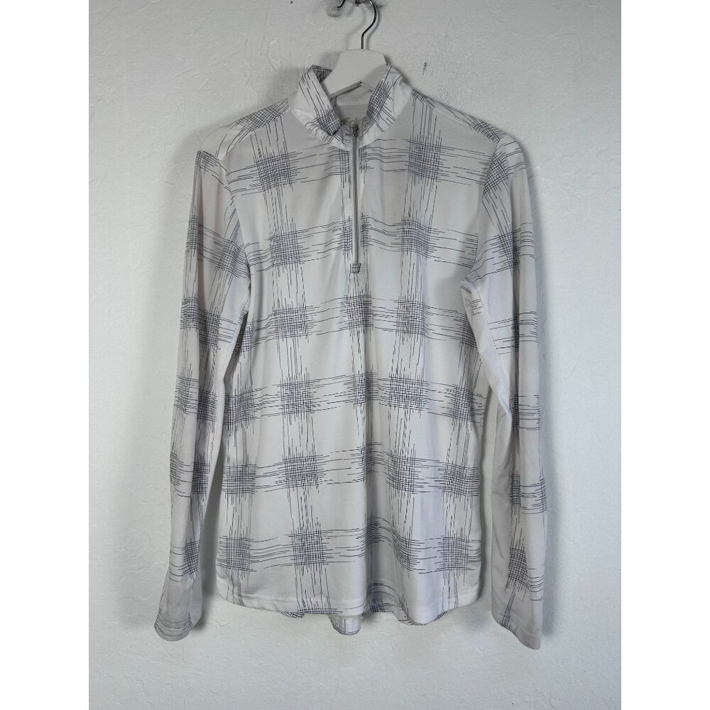 SanSoleil Womens White & Gray Plaid Long Sleeve 1/4 Zip Golf Pullover Top Small